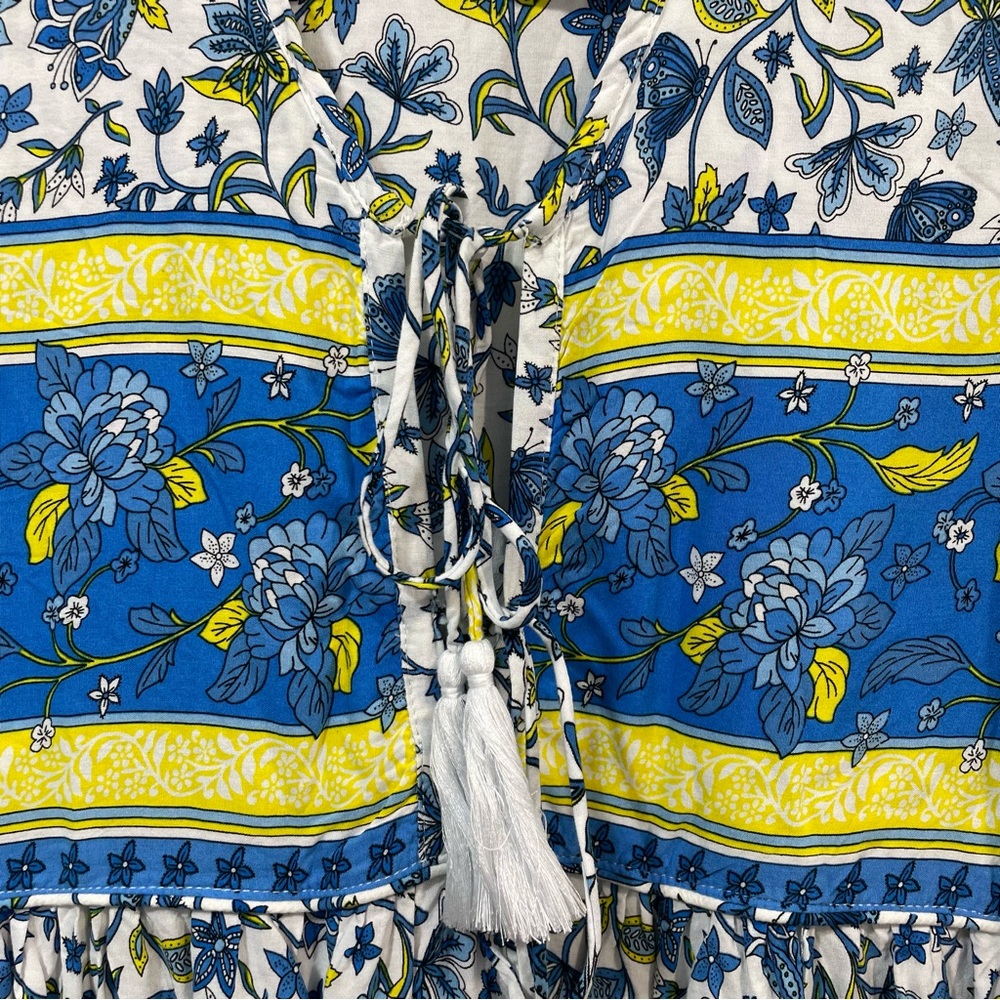 R. Vivimos Blue White Floral Boho Long Sleeve Summer beachy Midi Dress Size L - Picture 4 of 8